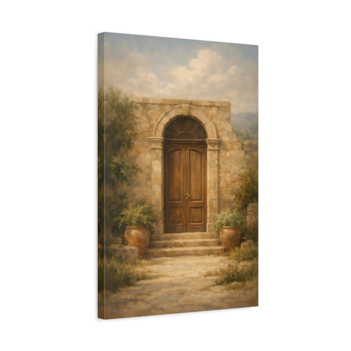 Side Mockup 3. Vintage Arched Door Brown And Stone shown as stretched canvas wall art