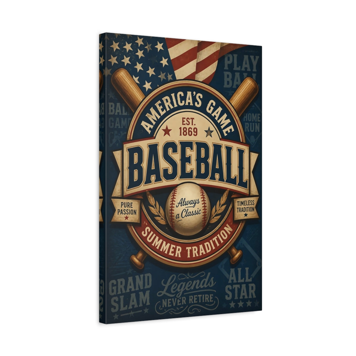 Side Mockup 3. Vintage Baseball Emblem shown as canvas print