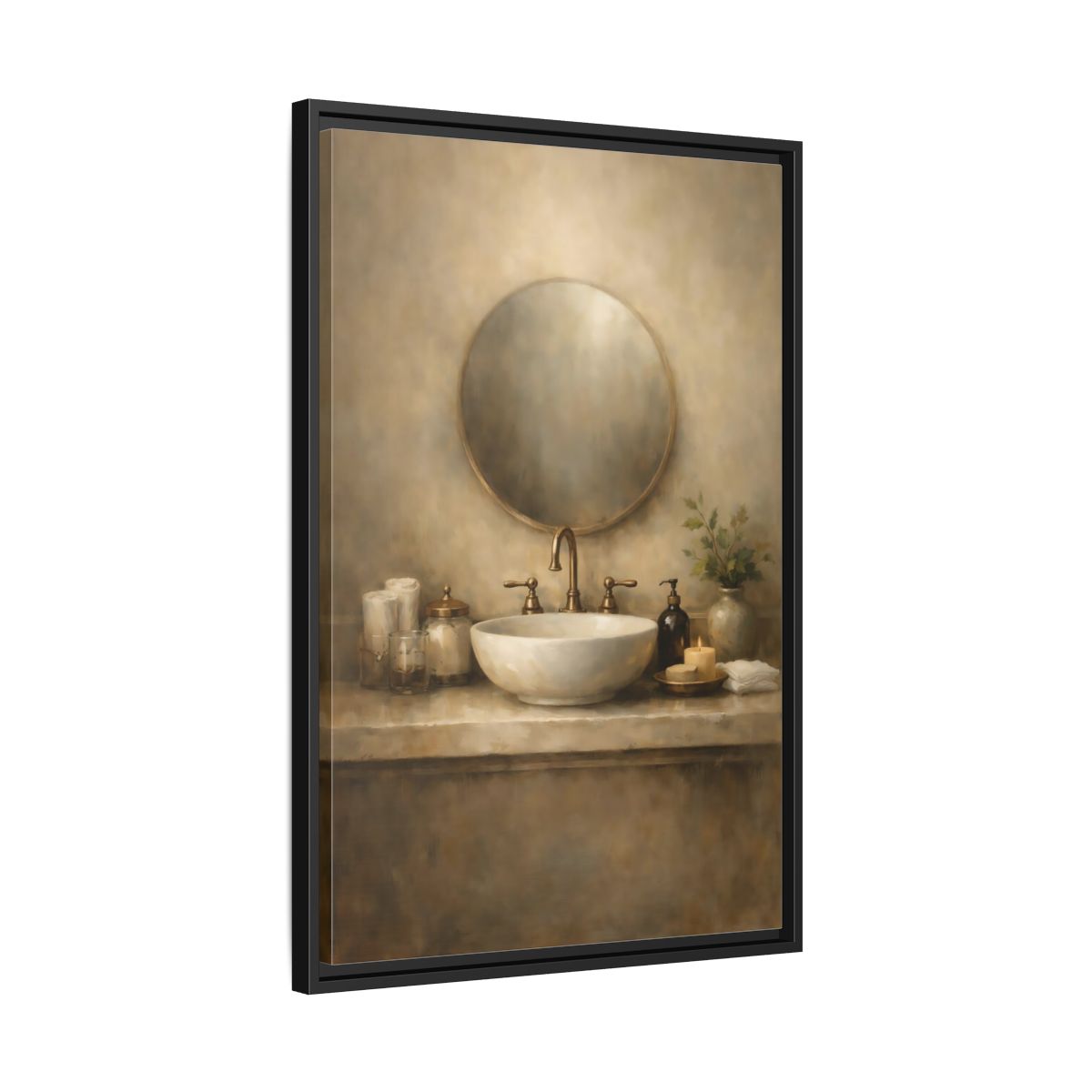 Side Mockup 14. Vintage Bathroom Sink Warm Bathroom shown as stretched canvas wall art