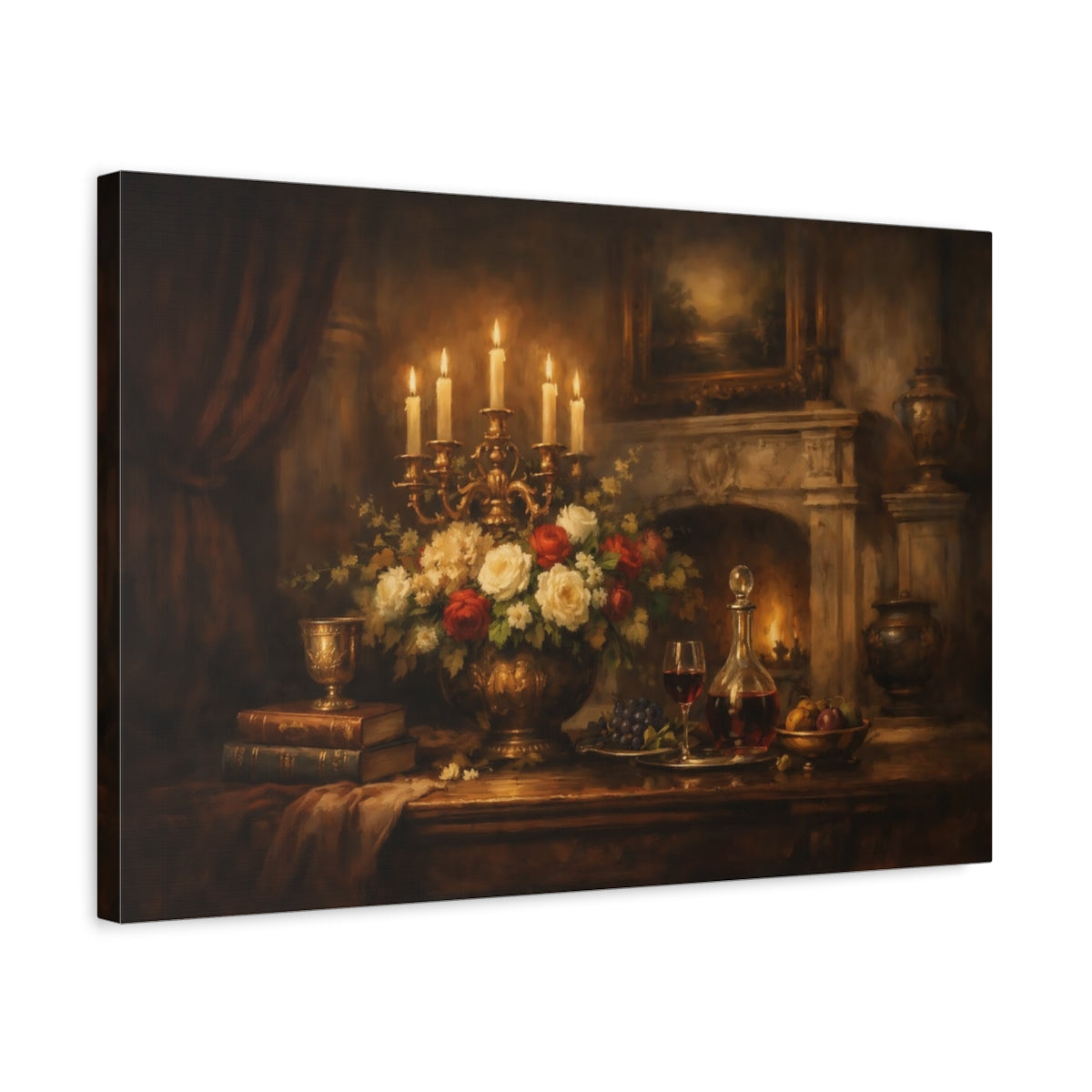 Side Mockup 3. Vintage Candlelit Still Life Warm Tones shown as stretched canvas wall art