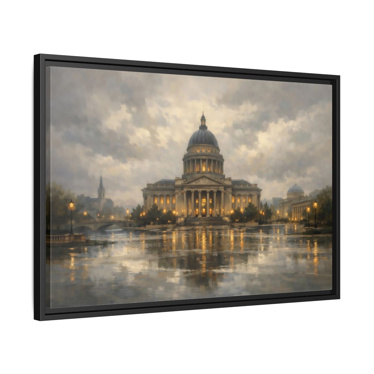 Side Mockup 14. Vintage Capitol Building Grand Building Reflection shown as stretched canvas wall art