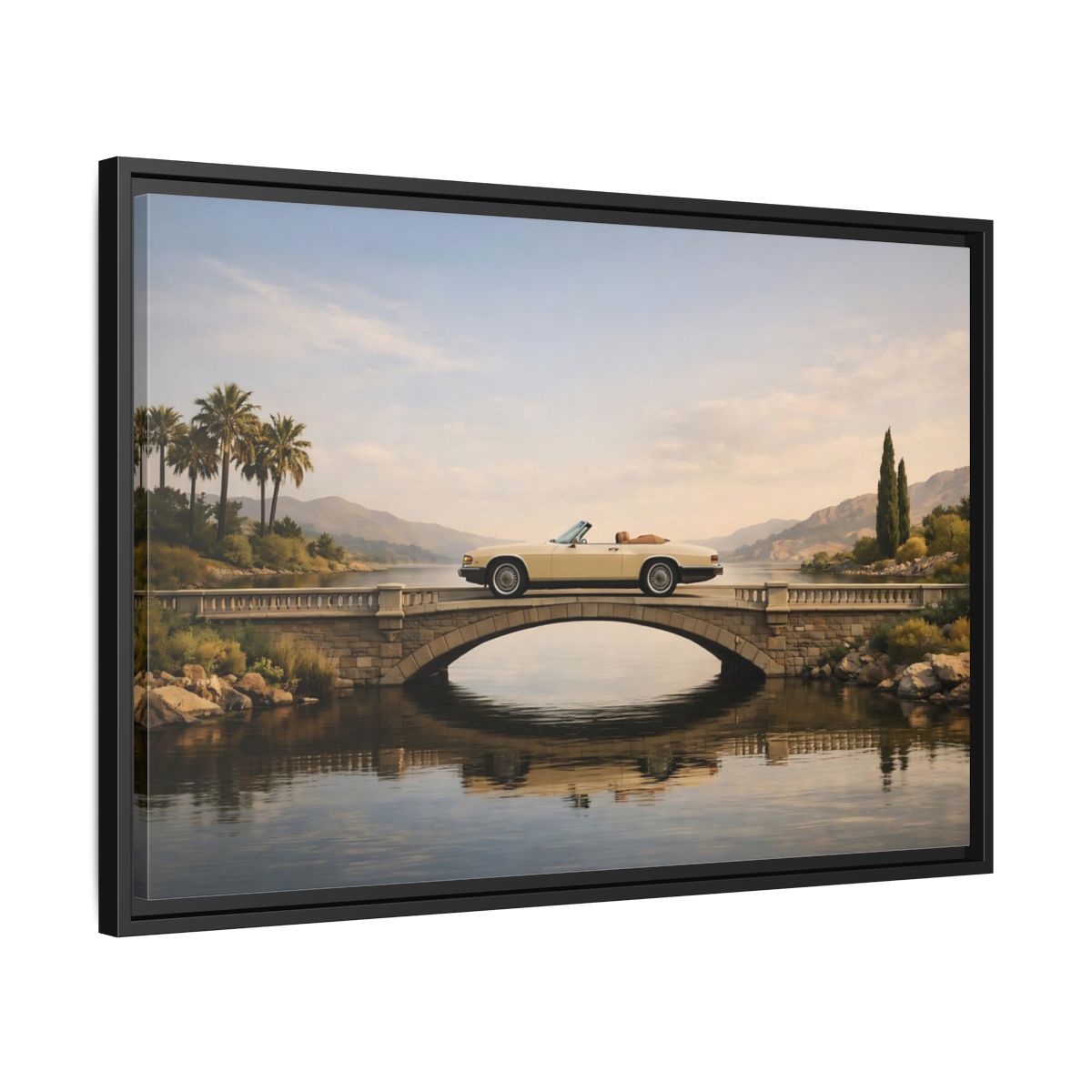 Side Mockup 14. Vintage Vintage Car Vintage Car Lake shown as stretched canvas wall art