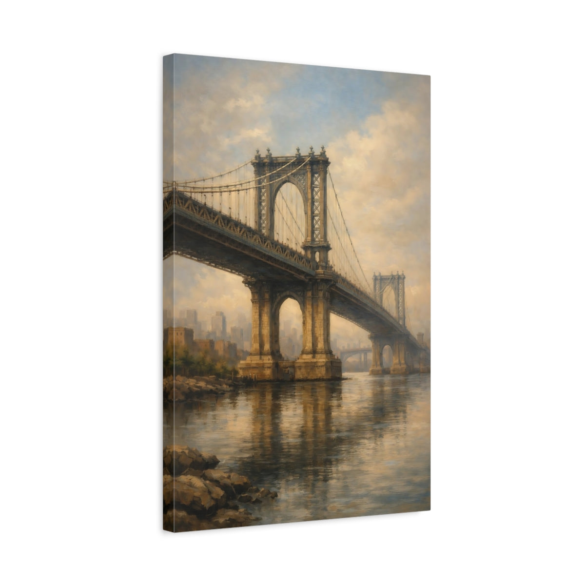 Side Mockup 3. Vintage City Bridge Brown And Gold shown as stretched canvas wall art