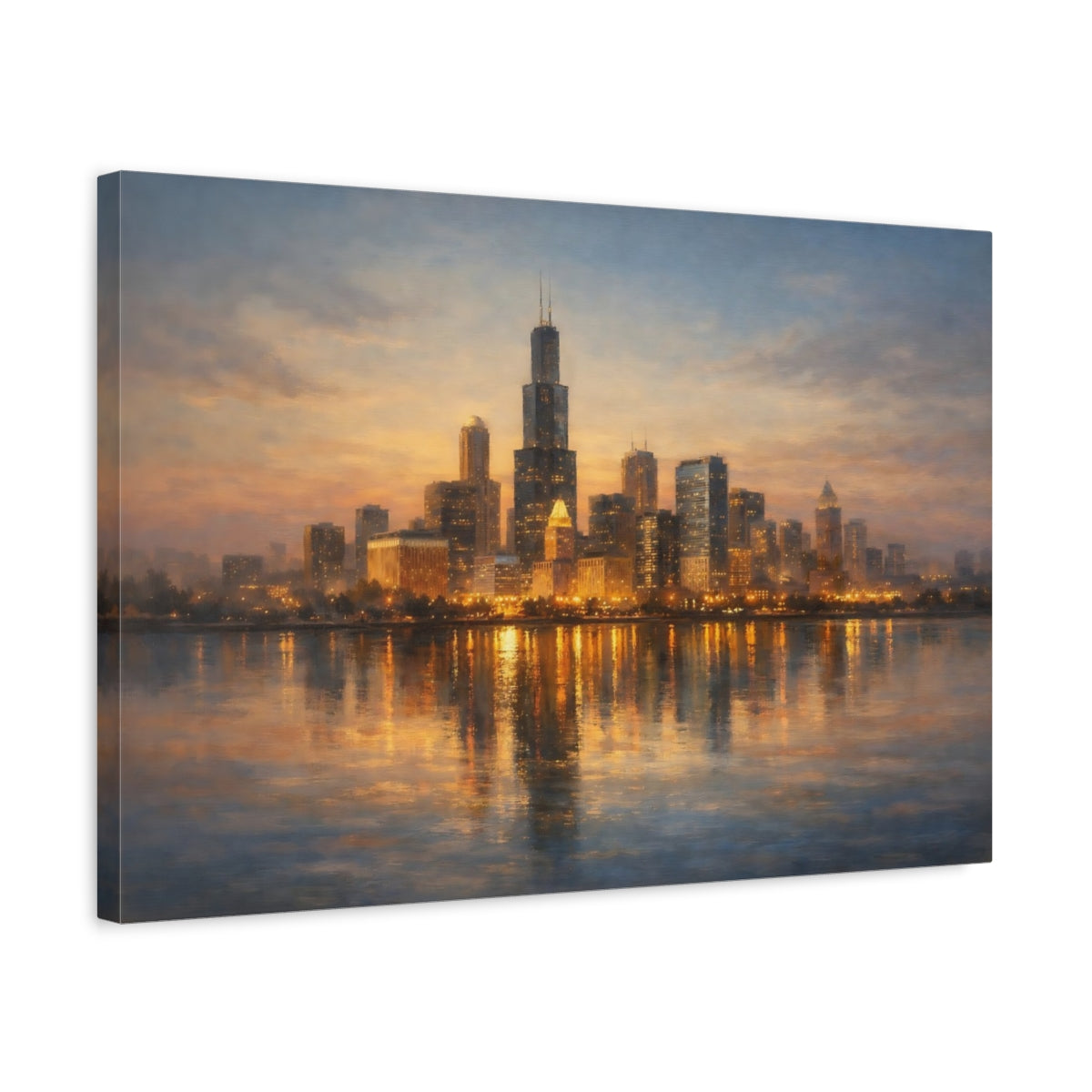 Side Mockup 3. Vintage City Skyline Dusk City Skyline shown as stretched canvas wall art
