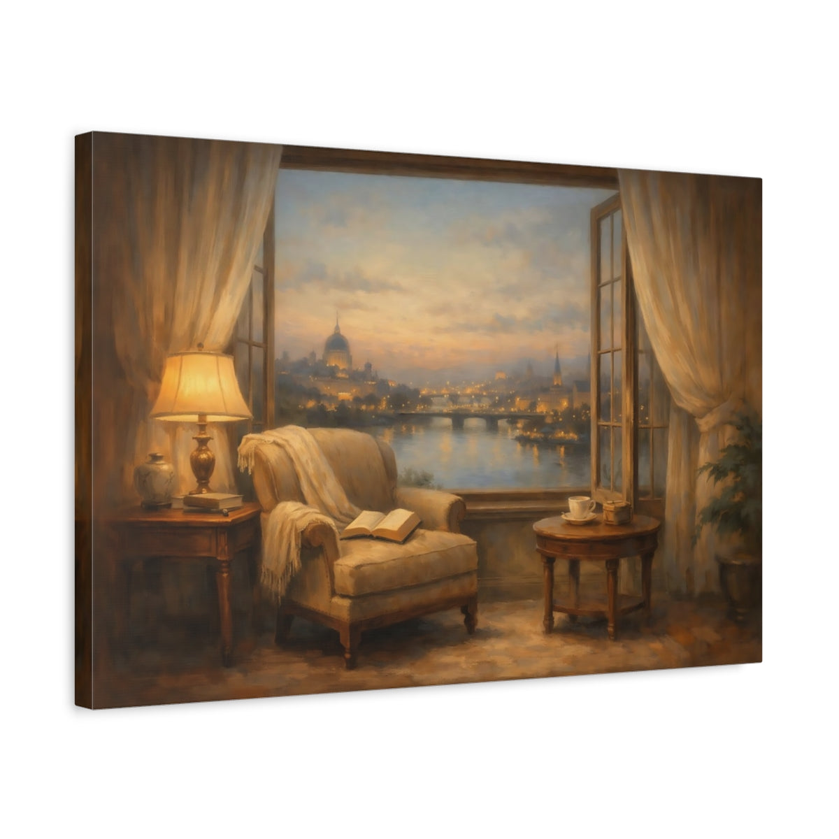 Side Mockup 3. Vintage Cityscape Cozy Cityscape shown as stretched canvas wall art