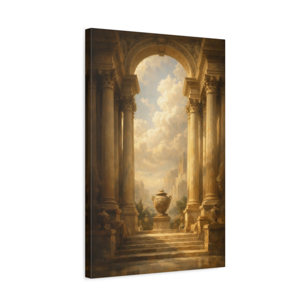 Side Mockup 3. Vintage Classical Architecture Brown And Gold shown as stretched canvas wall art