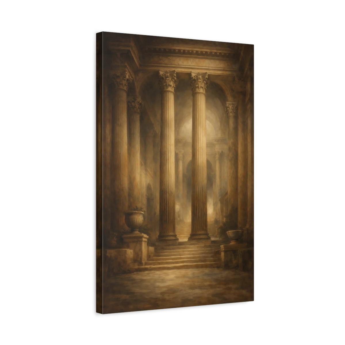 Side Mockup 3. Vintage Classical Columns Brown And Gold shown as stretched canvas wall art