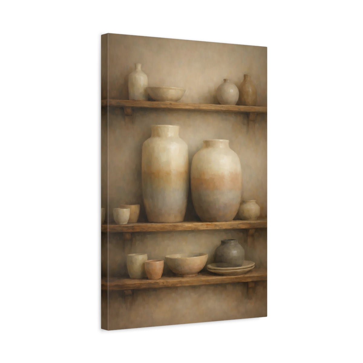 Side Mockup 3. Vintage Clay Pottery Brown And Tan shown as stretched canvas wall art