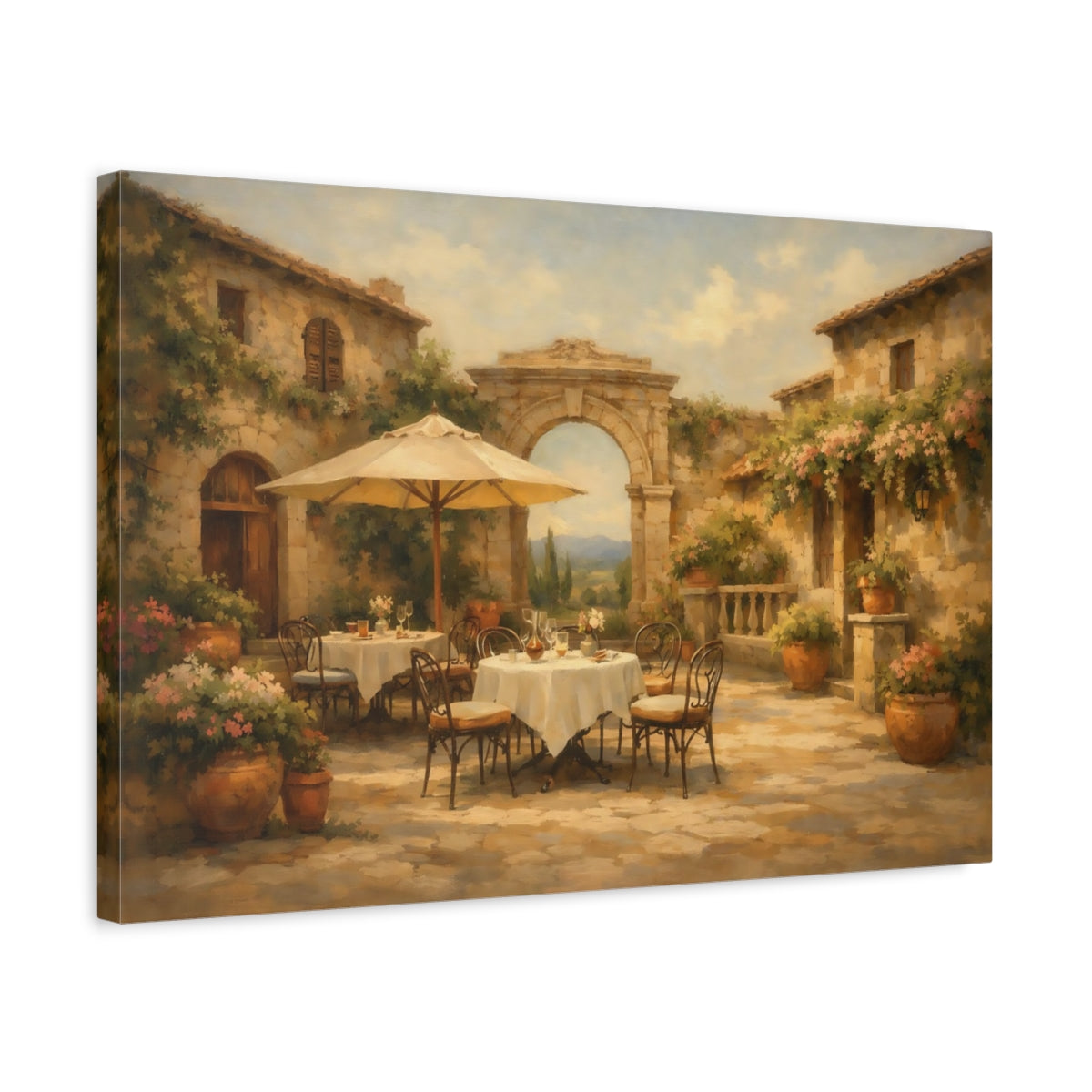 Side Mockup 3. Vintage Courtyard Cafe Warm Terracotta shown as stretched canvas wall art
