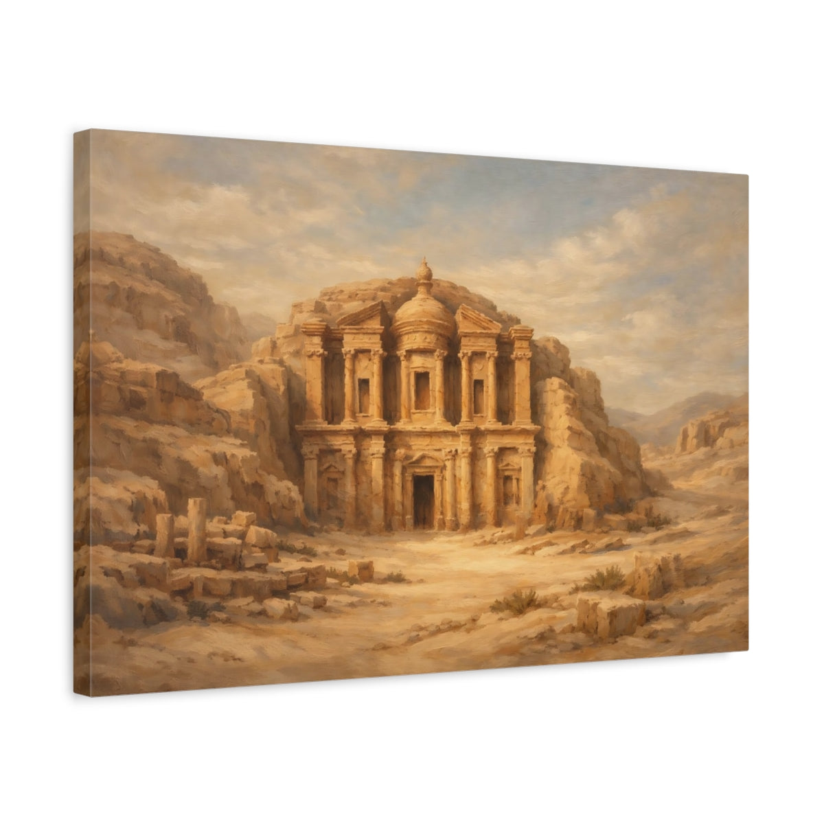 Side Mockup 3. Vintage Desert Temple Brown And Beige shown as stretched canvas wall art