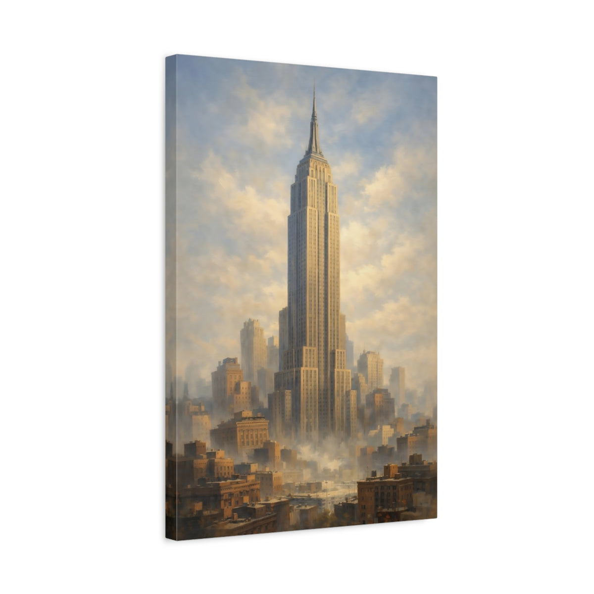 Side Mockup 3. Vintage Empire State Building Brown And Blue Cityscape shown as stretched canvas wall art