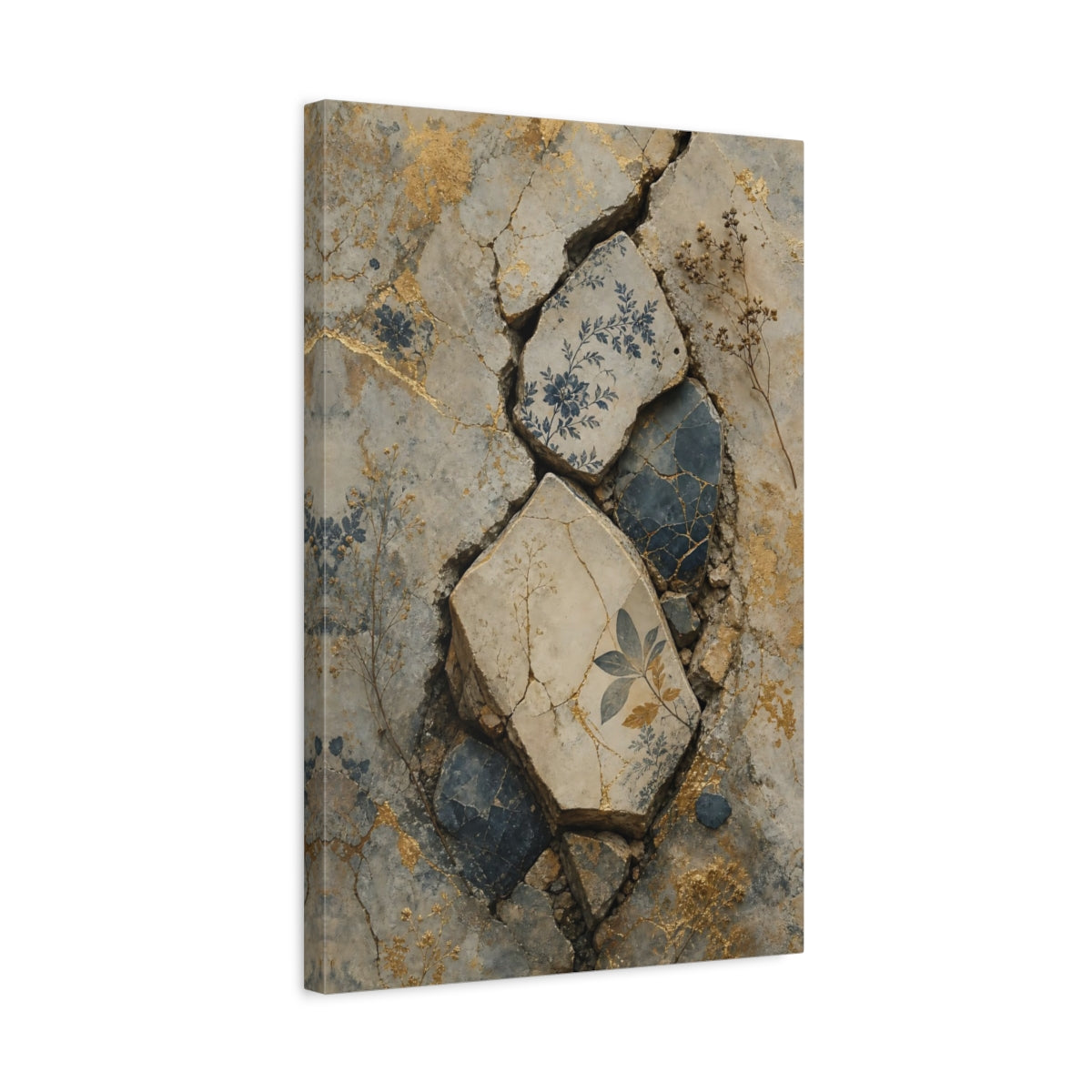 Side Mockup 3. Vintage Floral Patterns Vintage Floral Gold shown as stretched canvas wall art