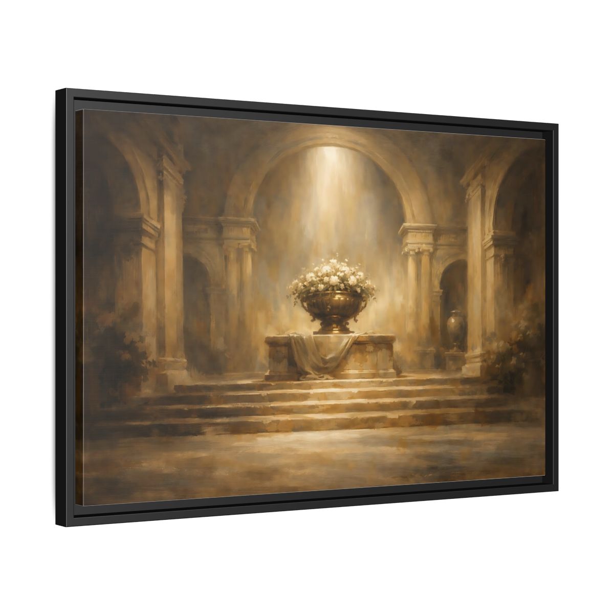 Side Mockup 14. Vintage Floral Urn Golden Brown shown as stretched canvas wall art