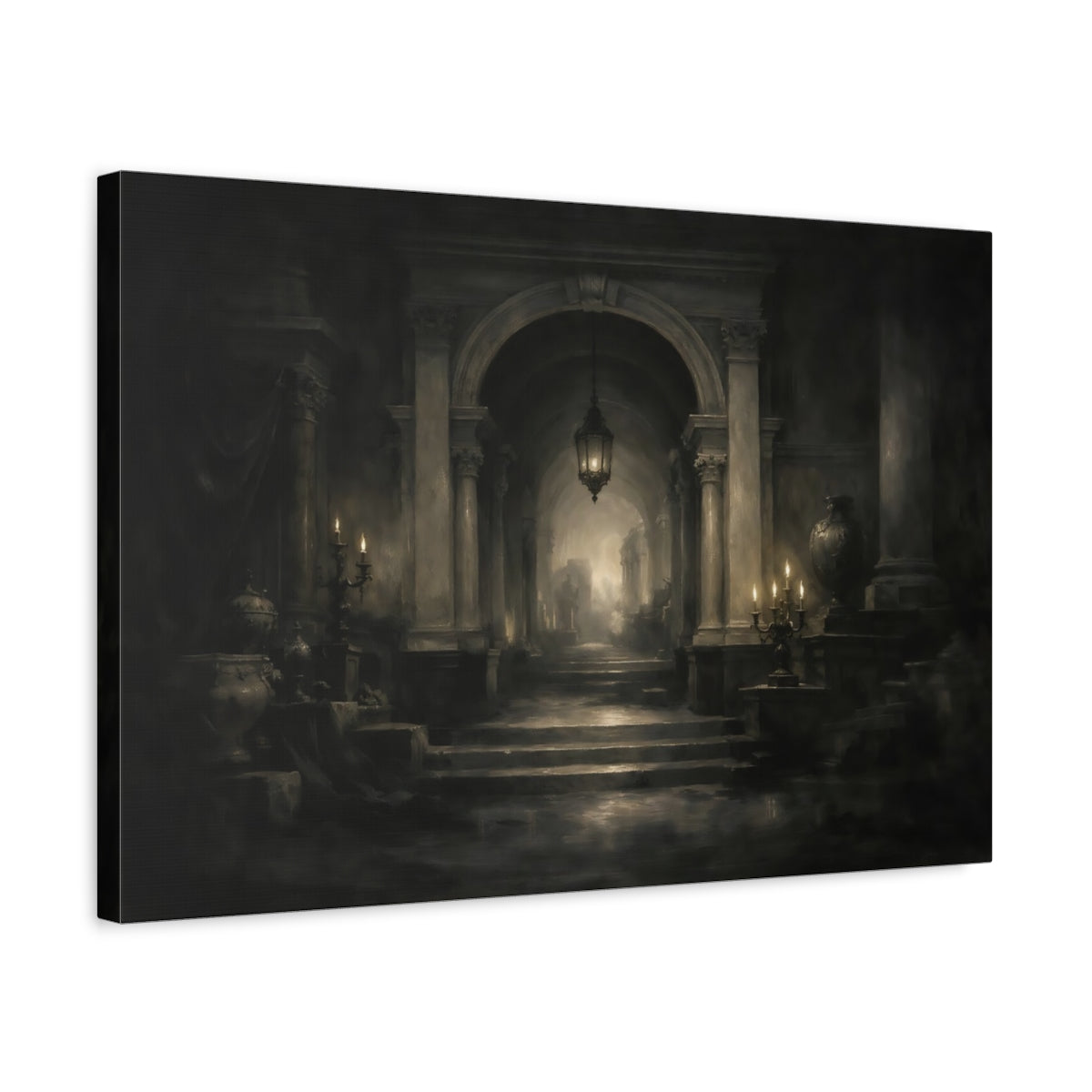 Side Mockup 3. Vintage Grand Hallway Monochrome Hallway shown as stretched canvas wall art