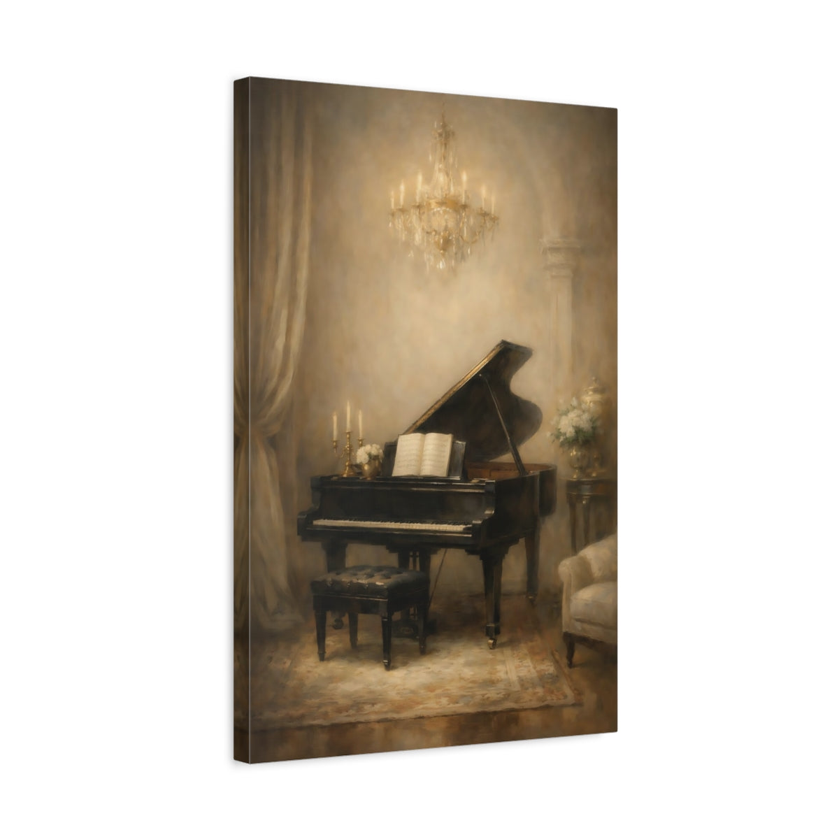 Side Mockup 3. Vintage Grand Piano Vintage Piano Art shown as stretched canvas wall art