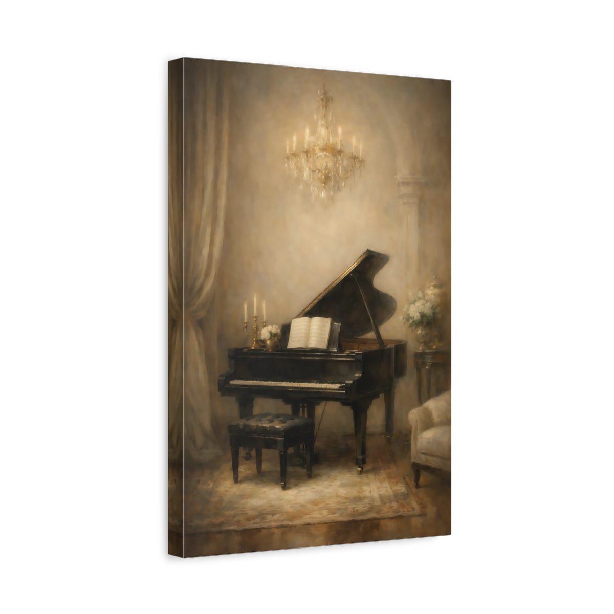 Side Mockup 4. Vintage Grand Piano Vintage Piano Art shown as stretched canvas wall art