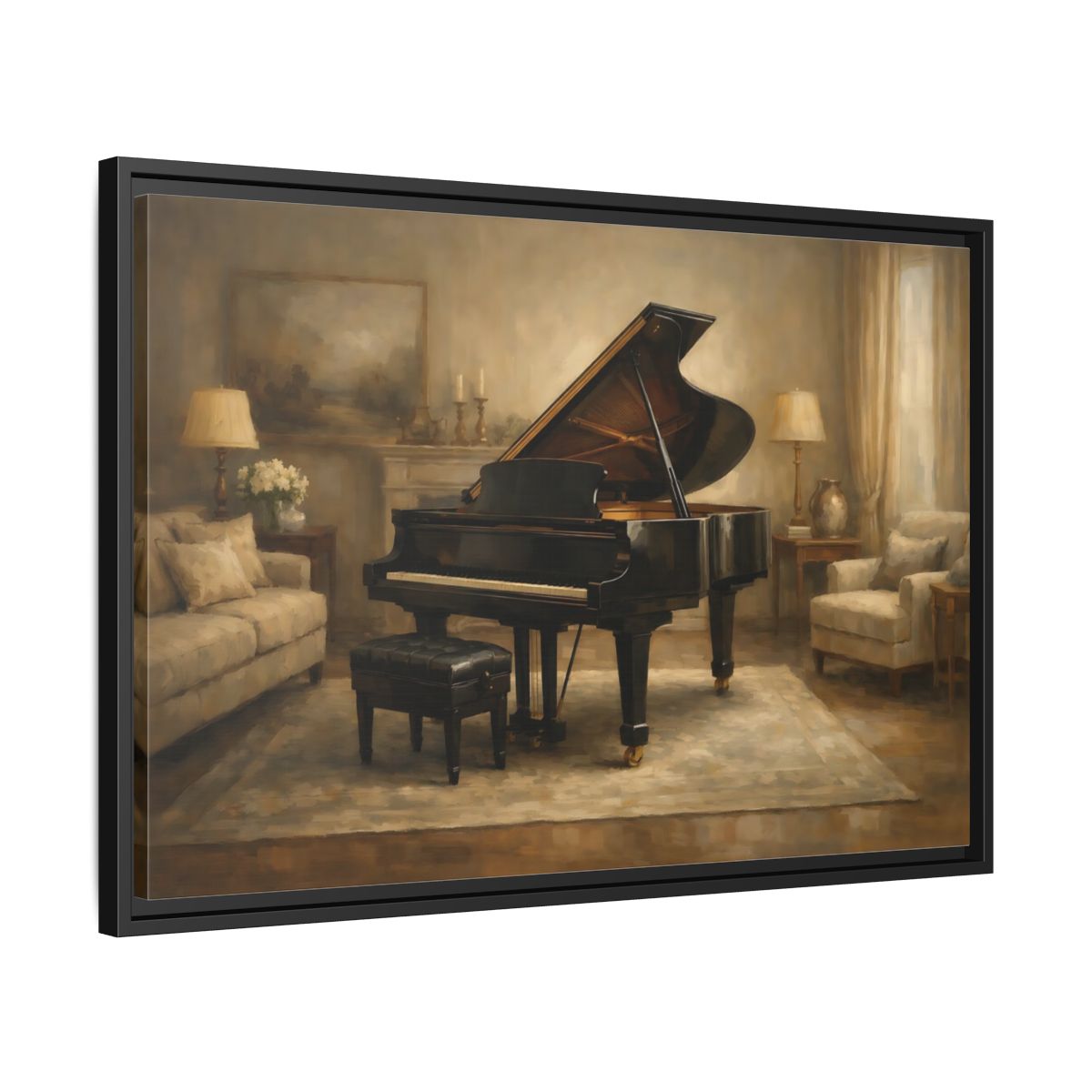 Side Mockup 14. Vintage Grand Piano Brown And Black shown as stretched canvas wall art