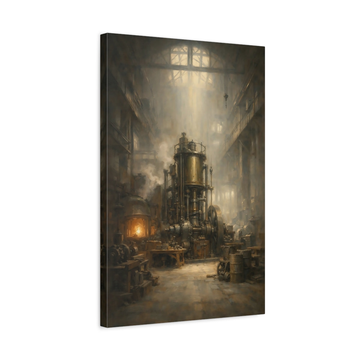 Side Mockup 3. Vintage Industrial Engine Industrial Steam Engine shown as stretched canvas wall art