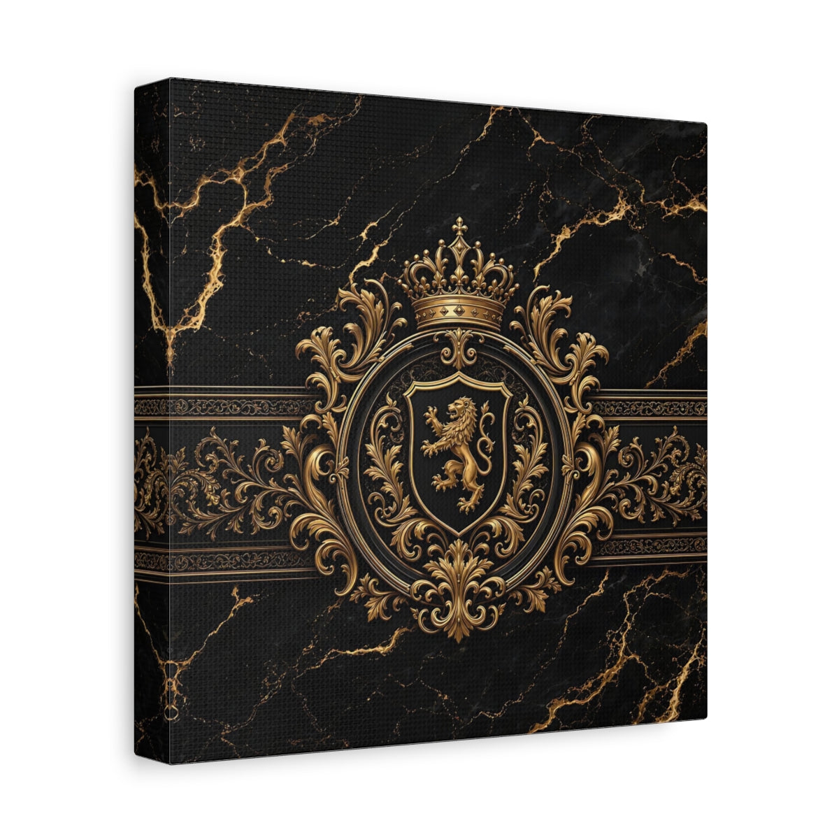 Side Mockup 9. Vintage Lion Crest Gold And Black shown as stretched canvas wall art