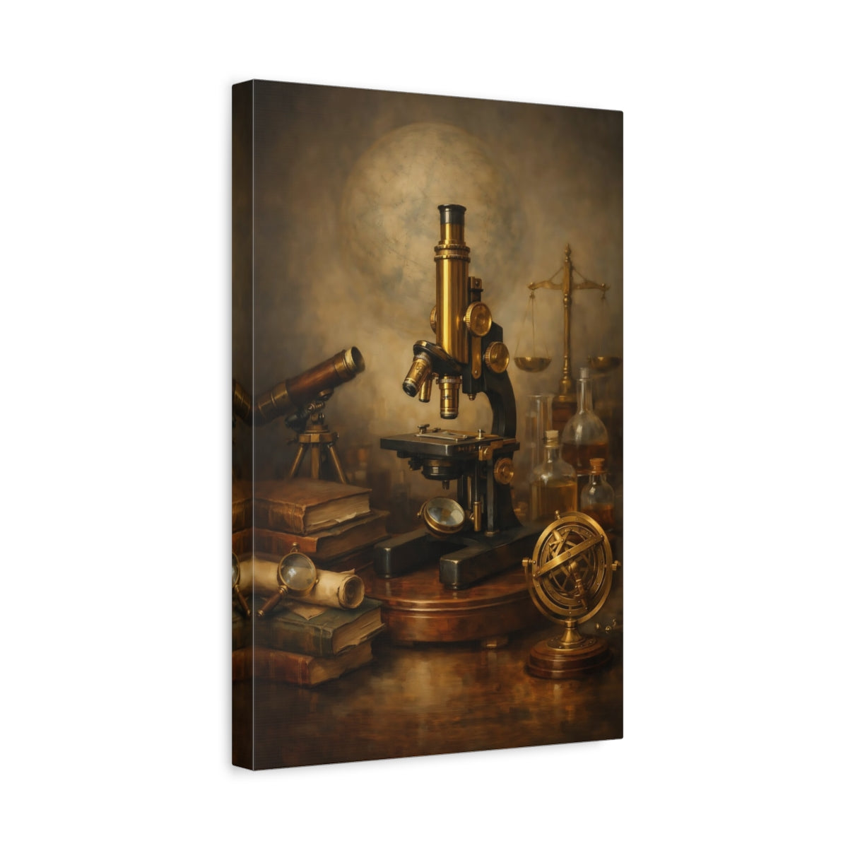 Side Mockup 4. Vintage Microscope Brown And Gold shown as stretched canvas wall art