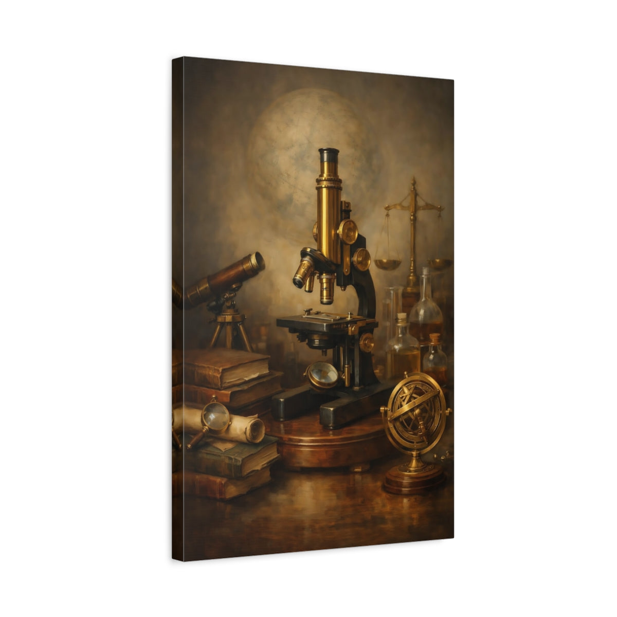 Side Mockup 3. Vintage Microscope Brown And Gold shown as stretched canvas wall art