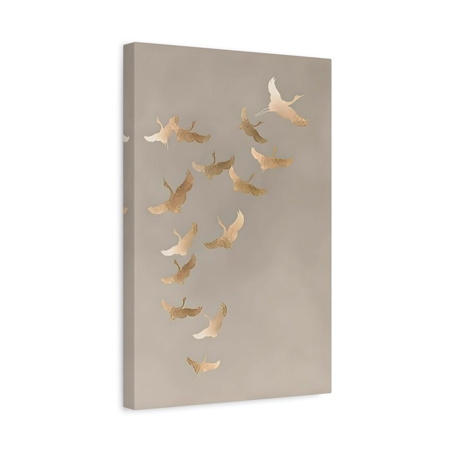 Vintage Minimalist Flock of Cranes Canvas Print - Japanese Asian Bird Beige Gold Wall Art - YesArtYes