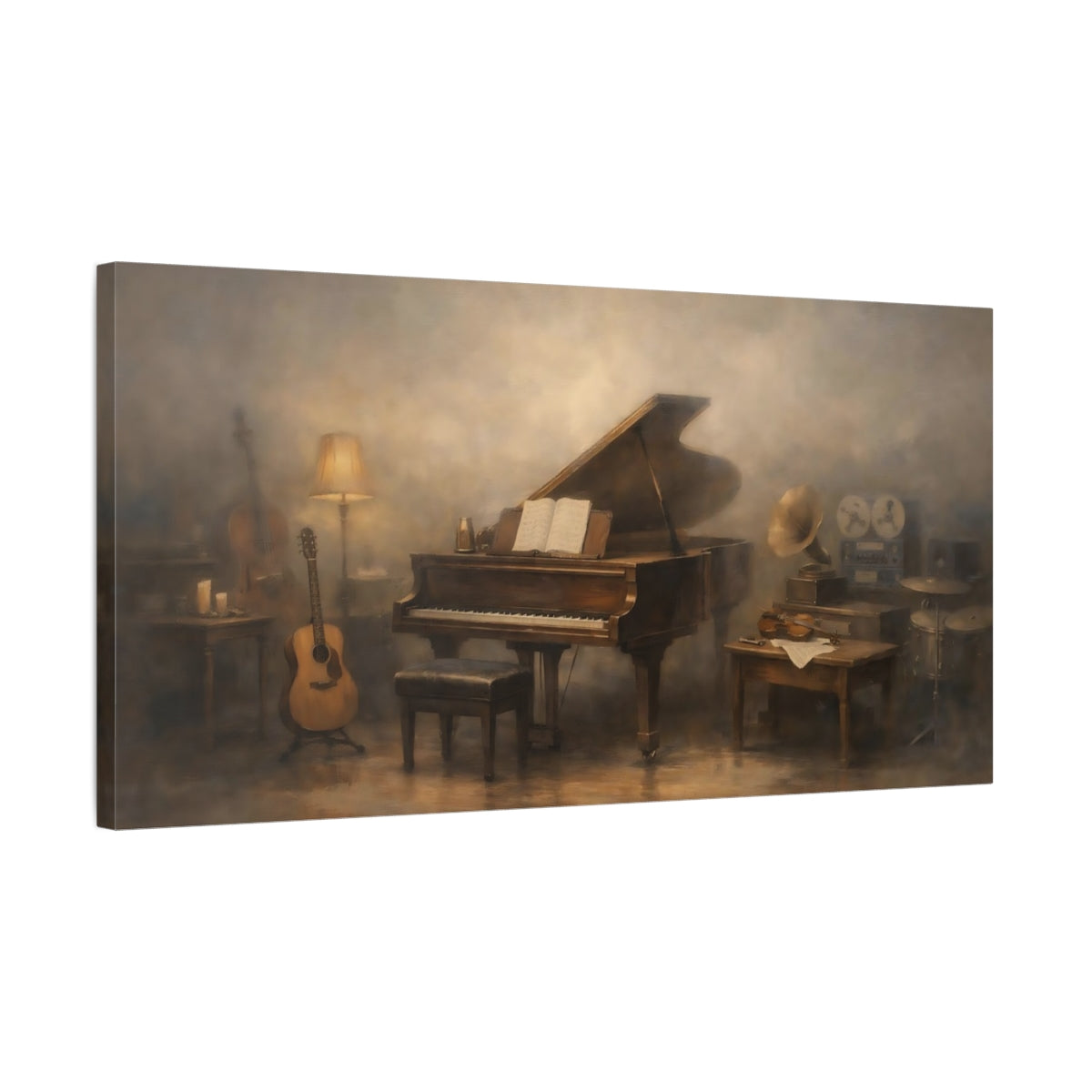 Side Mockup 2. Vintage Musical Instruments Warm Brown Music shown as stretched canvas wall art