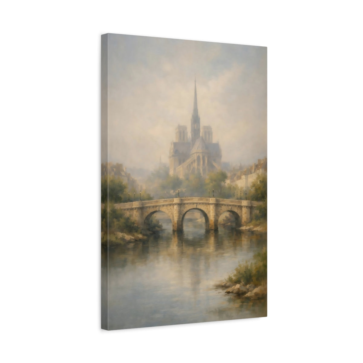 Side Mockup 3. Vintage Notre Dame Misty Parisian Scene shown as stretched canvas wall art