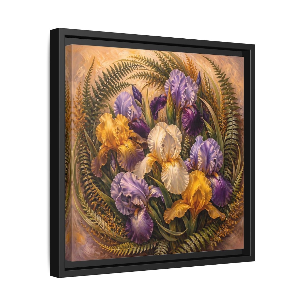 Side Mockup 32. Vintage Oil Painting Iris Bouquet With Fern Accents shown as stretched canvas wall art
