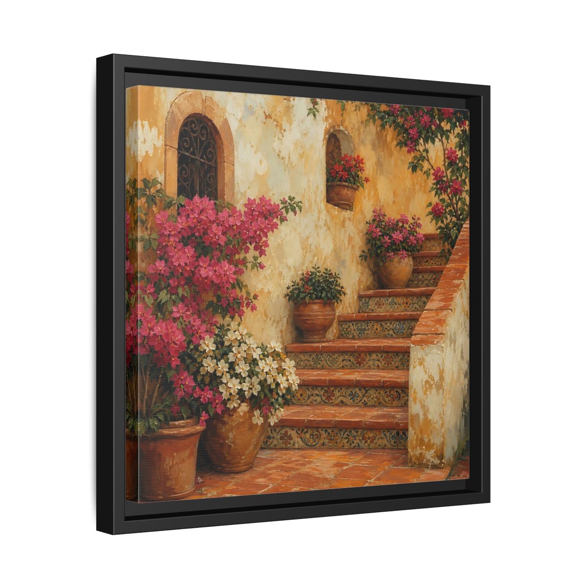 Side Mockup 32. Vintage Oil Painting Terracotta Stairway With Flowering Pots shown as stretched canvas wall art