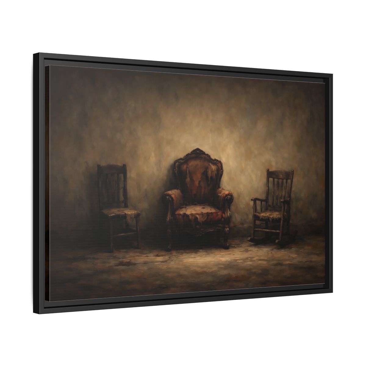 Side Mockup 14. Vintage Old Chairs Brown And Grey shown as stretched canvas wall art