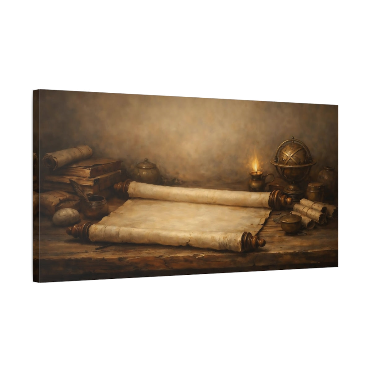 Side Mockup 2. Vintage Old Scrolls Brown And Gold shown as stretched canvas wall art