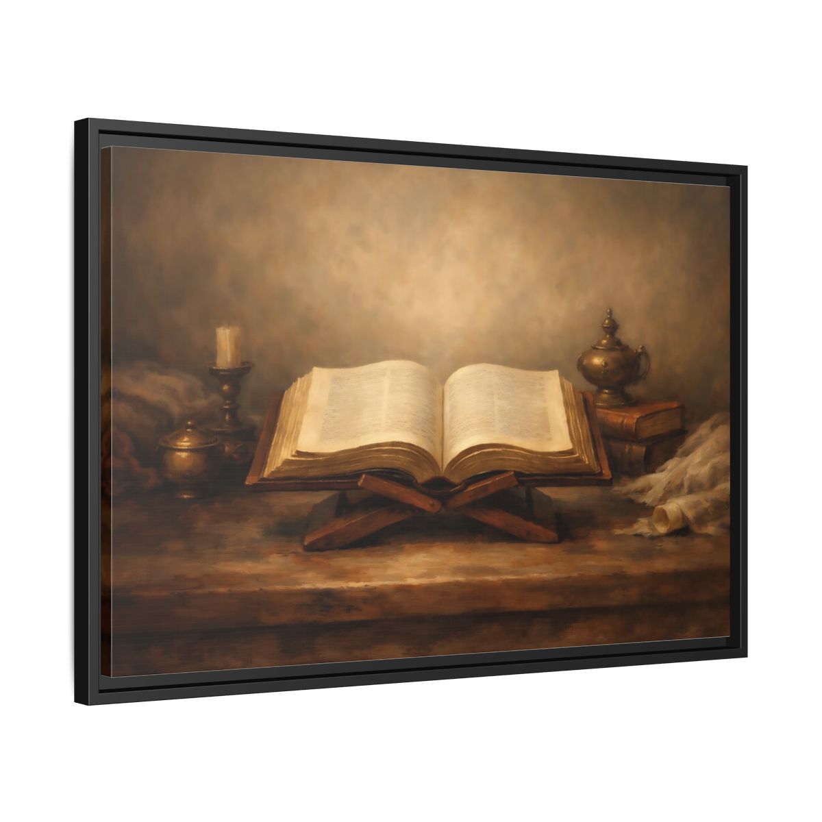 Side Mockup 14. Vintage Open Book Brown And Gold shown as stretched canvas wall art