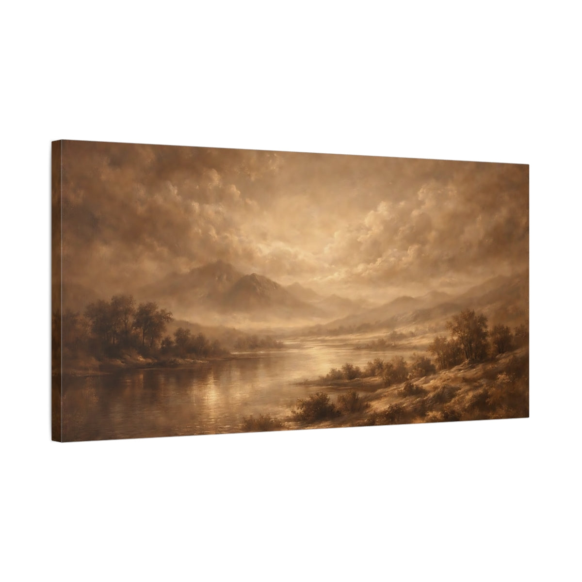 Side Mockup 2. Nature Mountain Lake Sepia Landscape shown as stretched canvas wall art