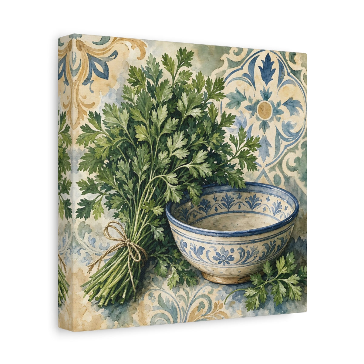 Side Mockup 9. Vintage Parsley Green And Blue shown as stretched canvas wall art