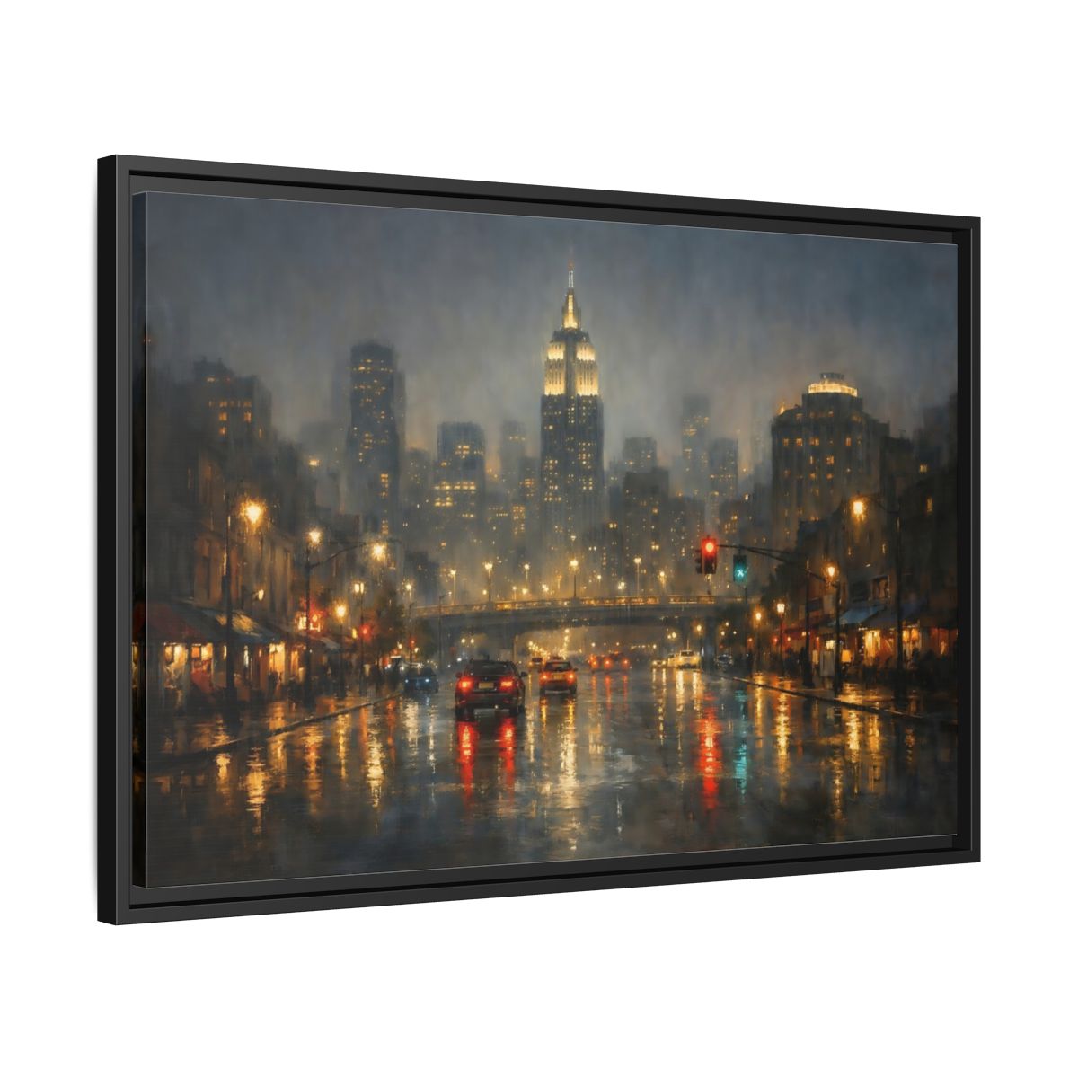 Side Mockup 14. Vintage Rainy Cityscape Rainy City Night shown as stretched canvas wall art