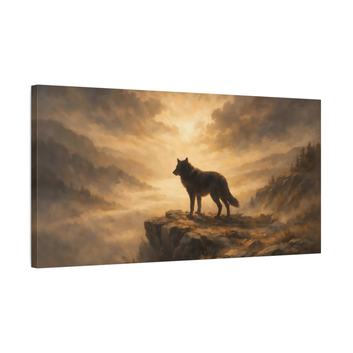 Side Mockup 2. Animals Wolf Gold Wolf shown as stretched canvas wall art