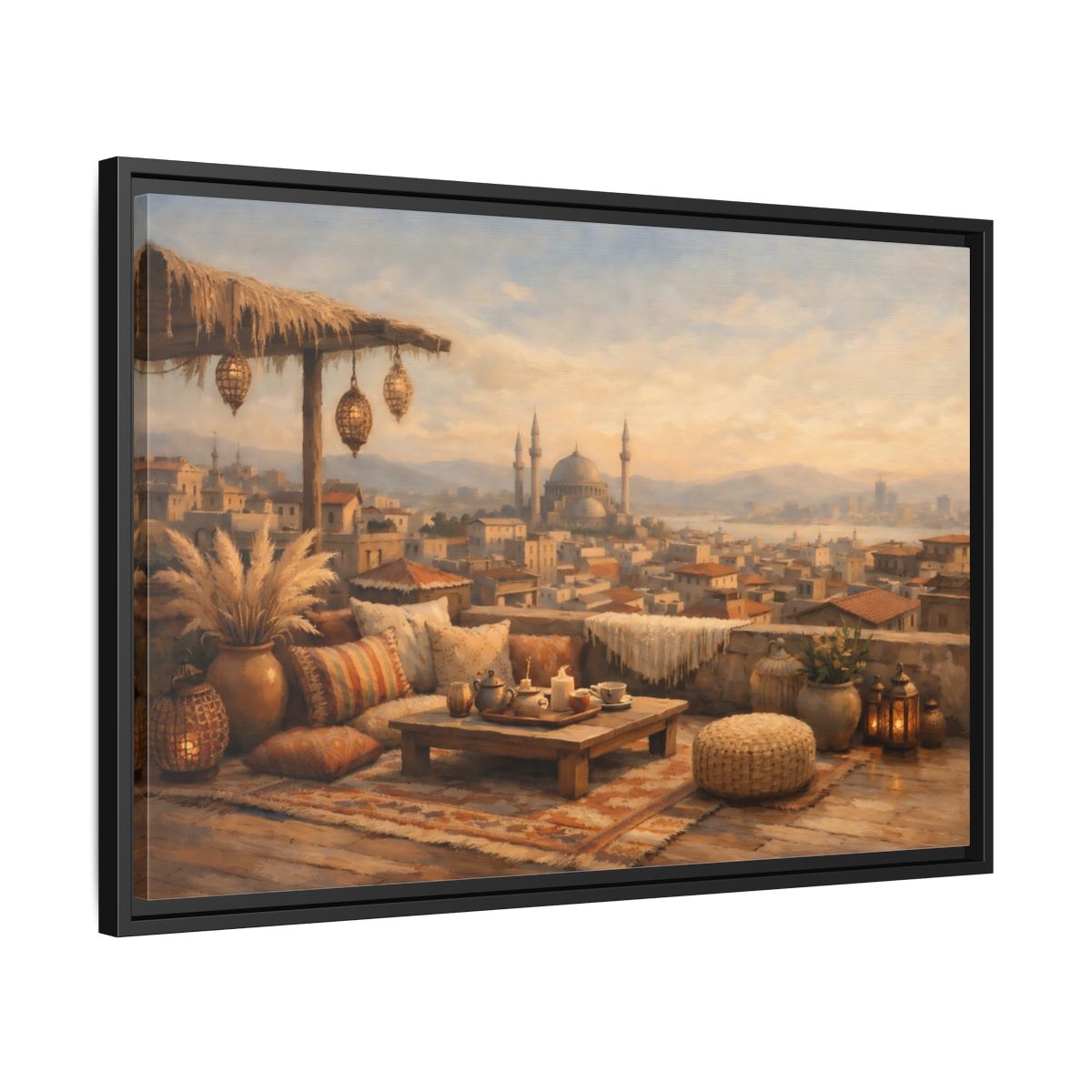Side Mockup 14. Vintage Rooftop Lounge Warm Rooftop View shown as stretched canvas wall art