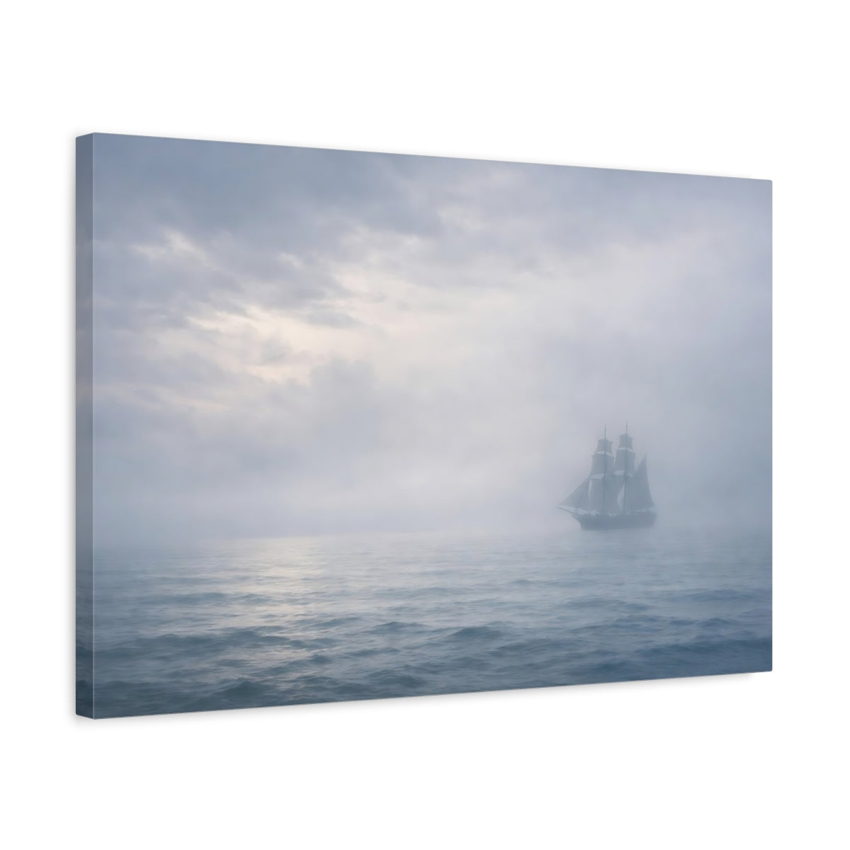 Side Mockup 3. Vintage Sailing Ship Misty Sailing shown as stretched canvas wall art