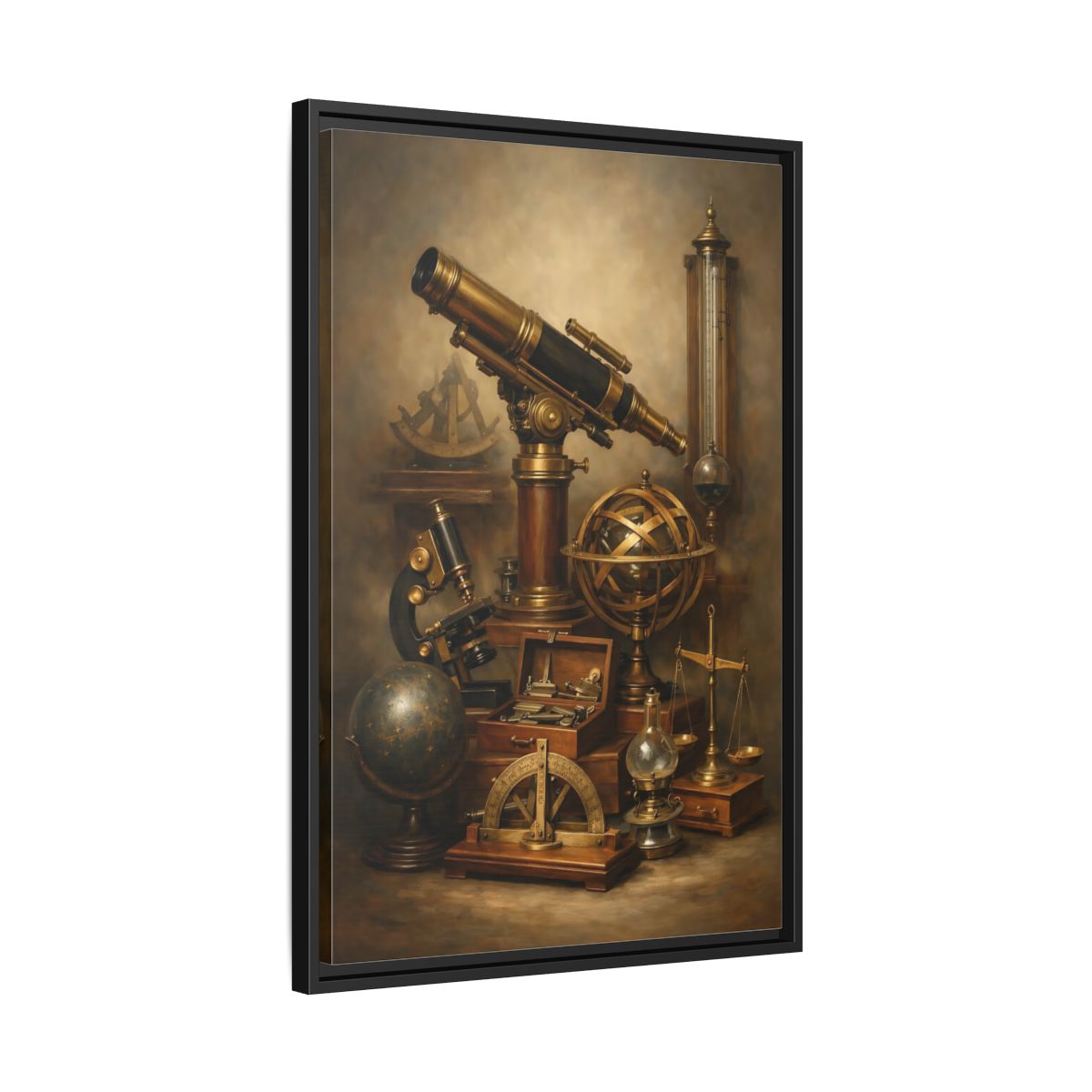 Side Mockup 14. Vintage Scientific Instruments Brown And Gold shown as stretched canvas wall art
