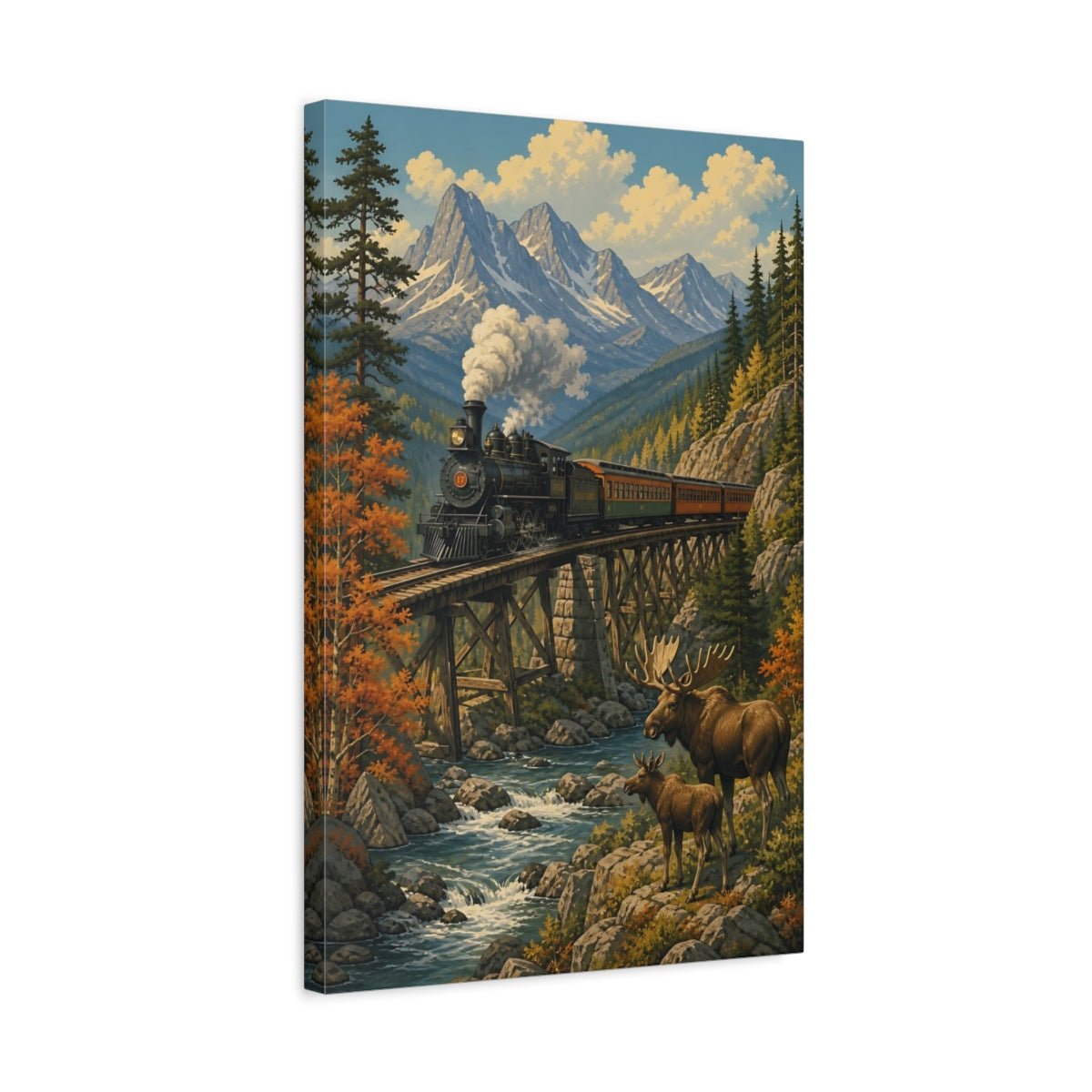 Vintage Silkscreen Nature Illustration Old Train Canvas Wall Art Print – Living Room, Large - YesArtYes