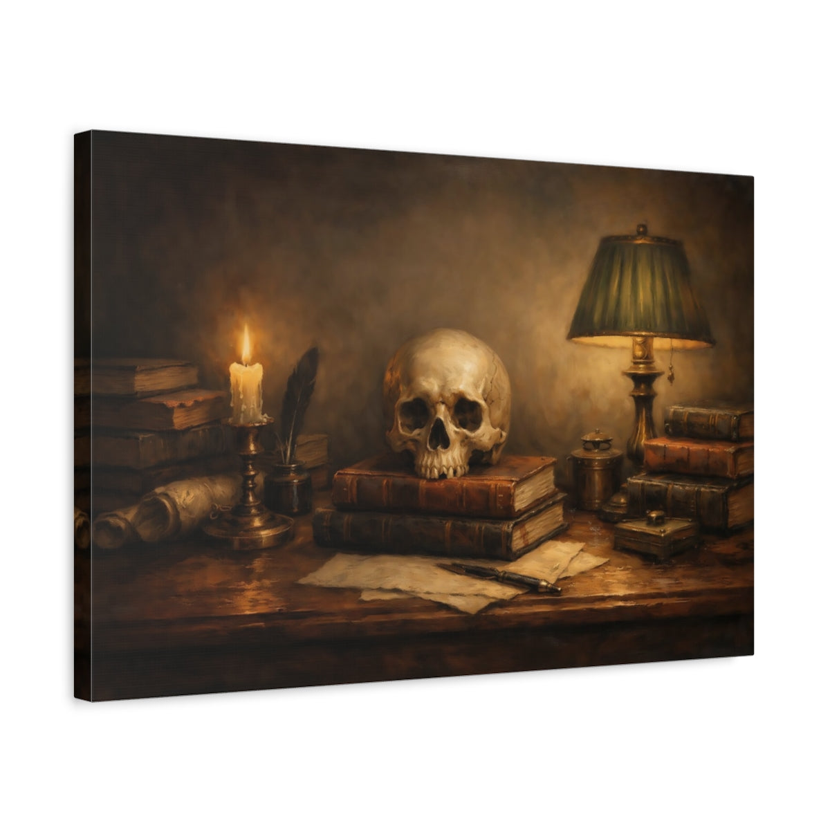 Side Mockup 3. Vintage Skull Brown And Gold shown as stretched canvas wall art