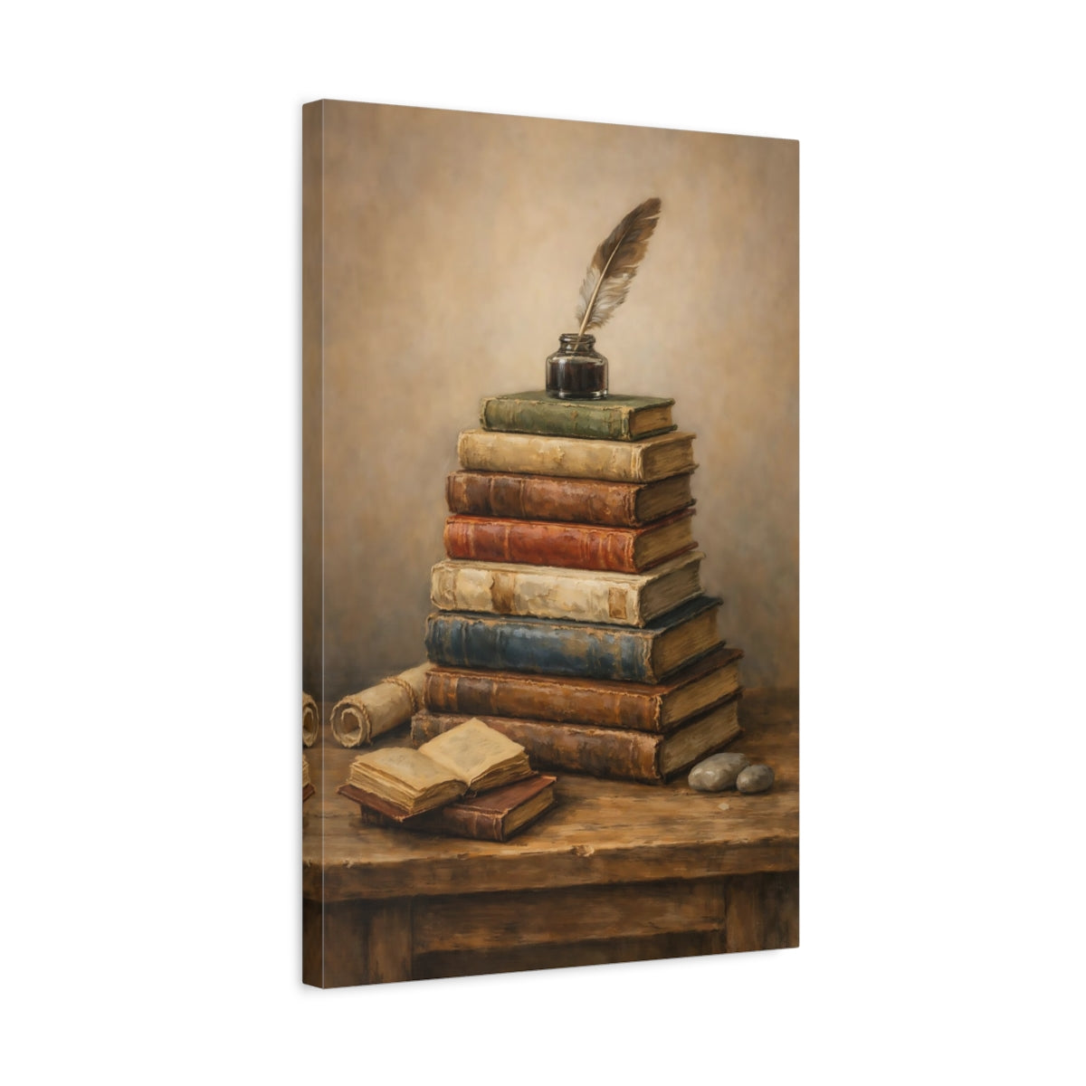 Side Mockup 3. Vintage Stacked Books Vintage Books shown as stretched canvas wall art