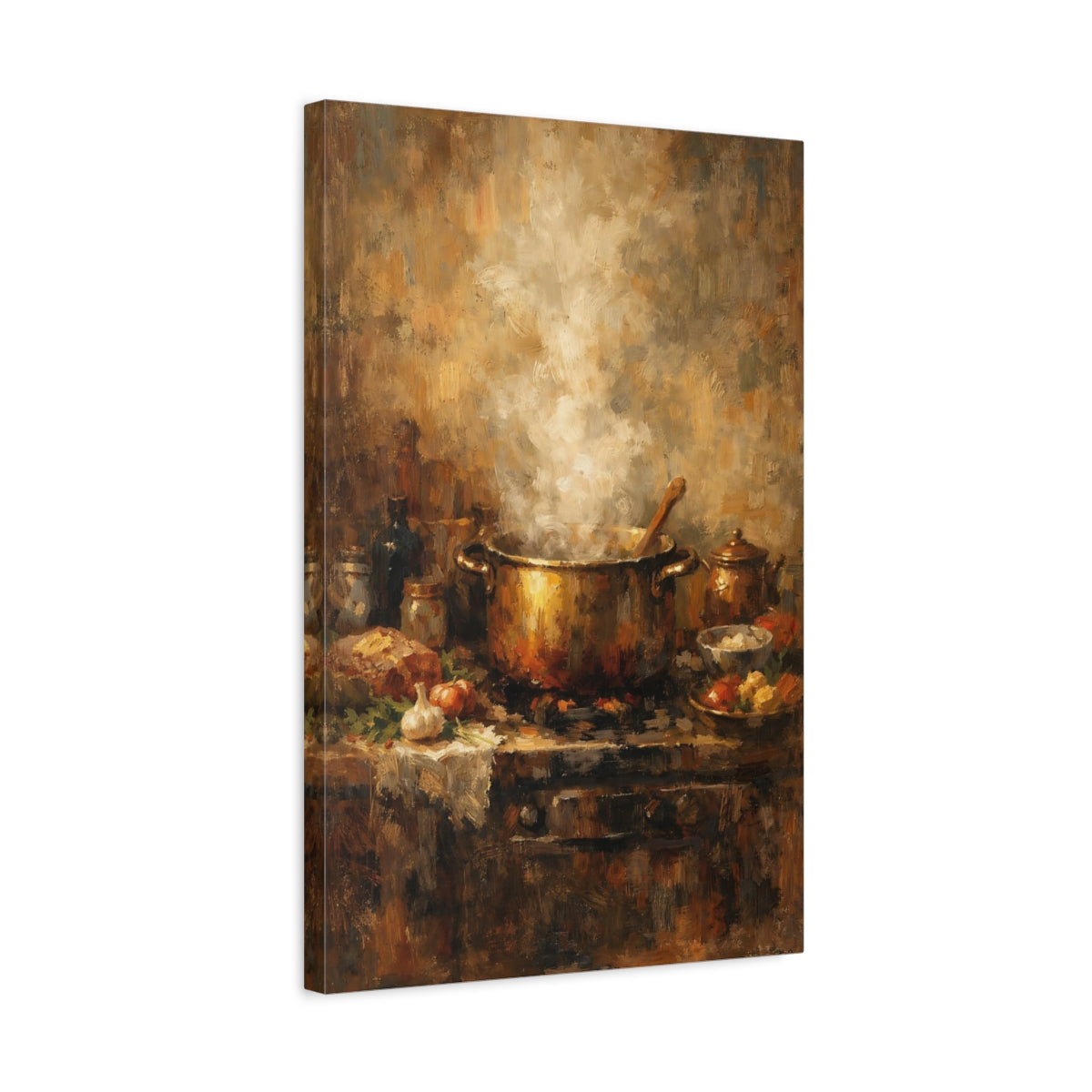 Side Mockup 3. Vintage Steaming Pot Brown And Gold shown as stretched canvas wall art