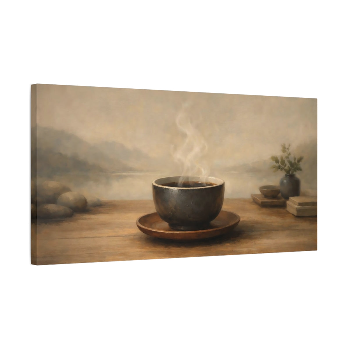 Side Mockup 2. Nature Steaming Cup Warm Neutral Tones shown as stretched canvas wall art