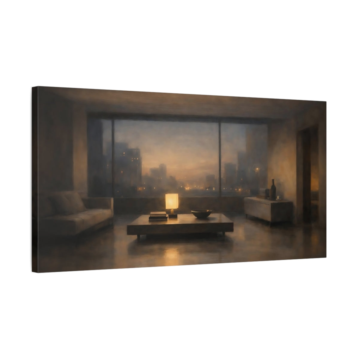 Side Mockup 2. Vintage Urban Interior Warm Urban Evening shown as stretched canvas wall art