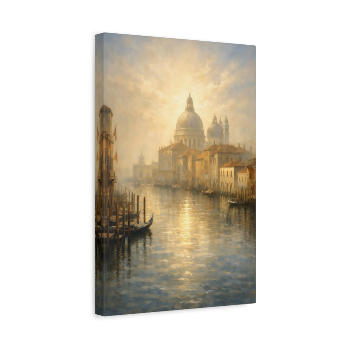 Side Mockup 4. Vintage Venice Canal Golden Venice shown as stretched canvas wall art