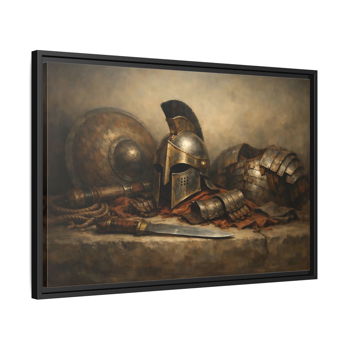 Side Mockup 14. Vintage Warrior Armor Bronze And Gold shown as stretched canvas wall art