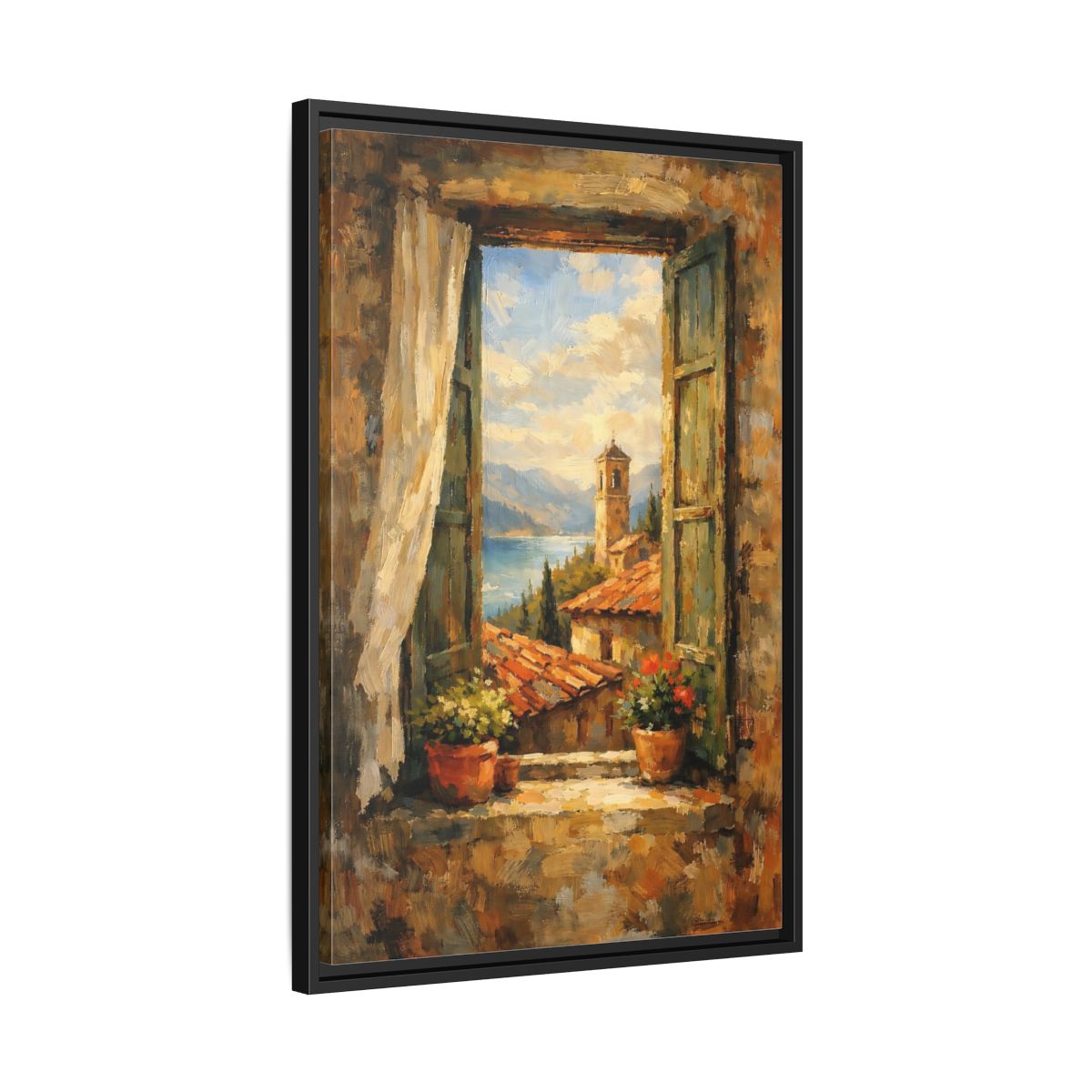 Side Mockup 14. Vintage Window View Mediterranean Window shown as stretched canvas wall art
