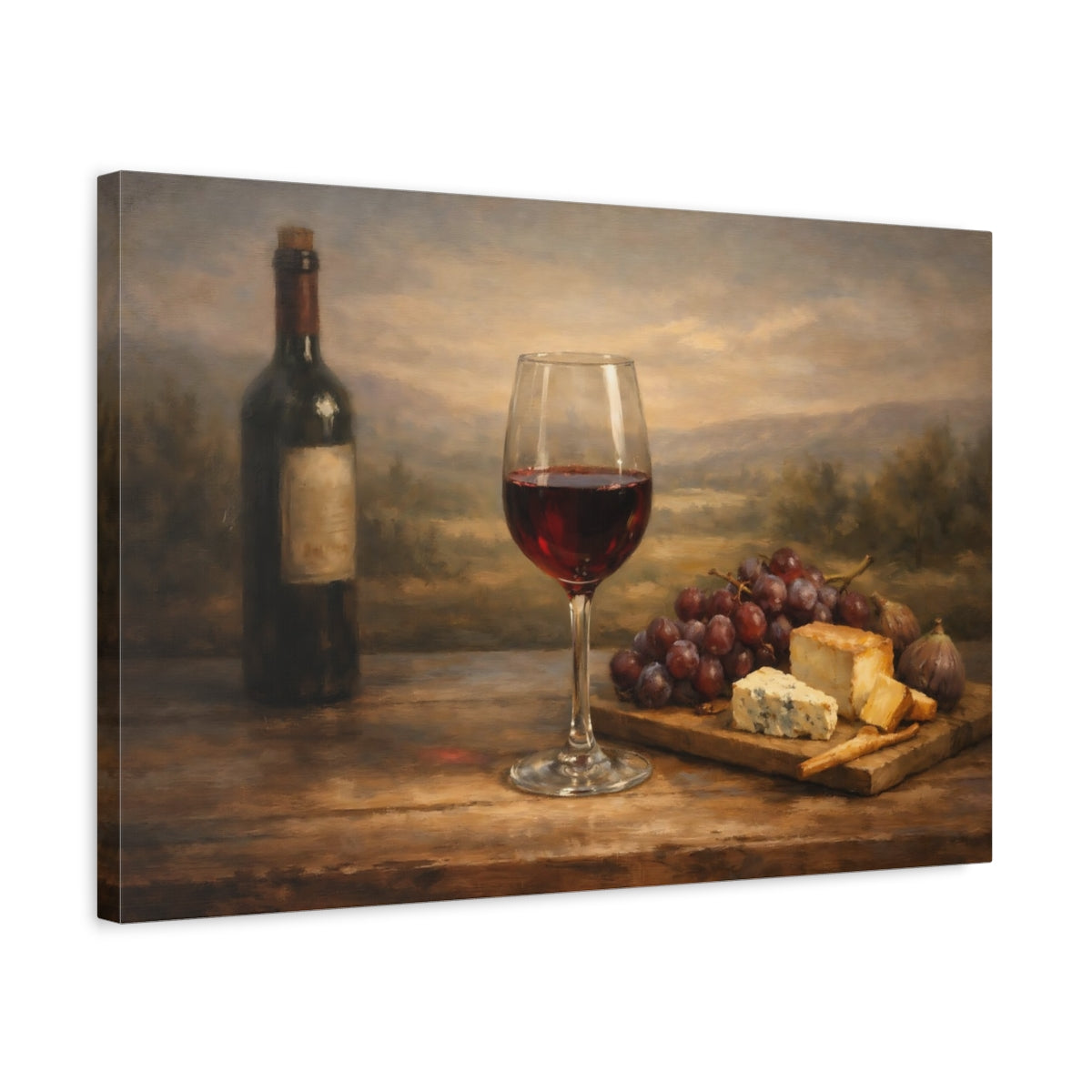 Side Mockup 3. Vintage Wine And Cheese Wine Cheese Still Life shown as stretched canvas wall art